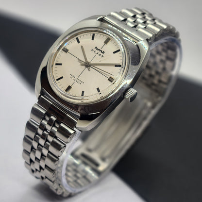 Vintage Original HMT Vijay Hand Winding 17 Jewels White Face Silver Bracelet Men's Wrist Watch F30