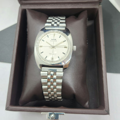 Vintage Original HMT Vijay Hand Winding 17 Jewels White Face Silver Bracelet Men's Wrist Watch F30