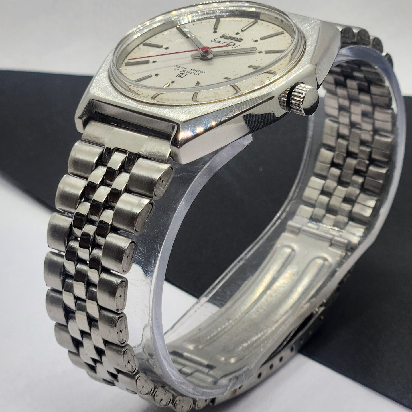 Vintage Original HMT Sartaj Hand Winding 17 Jewels White Face Silver Bracelet Men's Wrist Watch F31