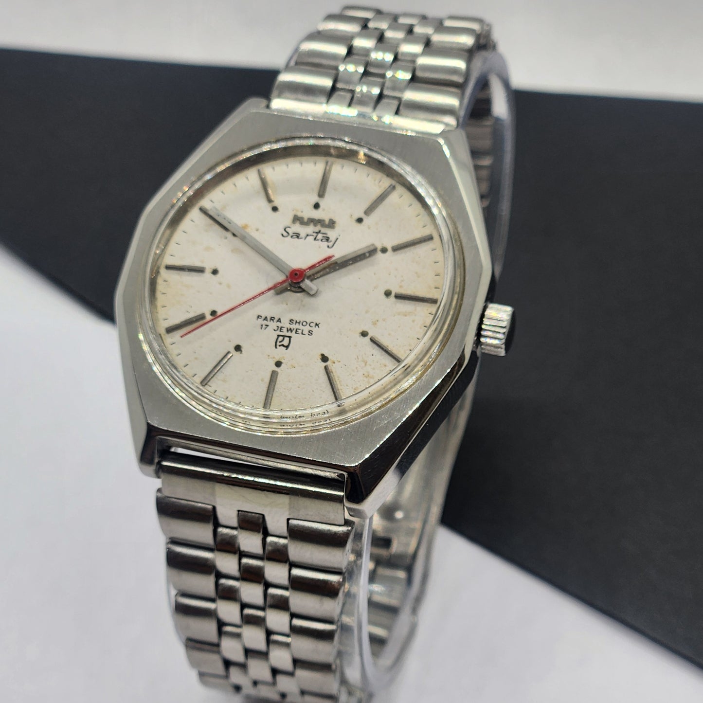 Vintage Original HMT Sartaj Hand Winding 17 Jewels White Face Silver Bracelet Men's Wrist Watch F31