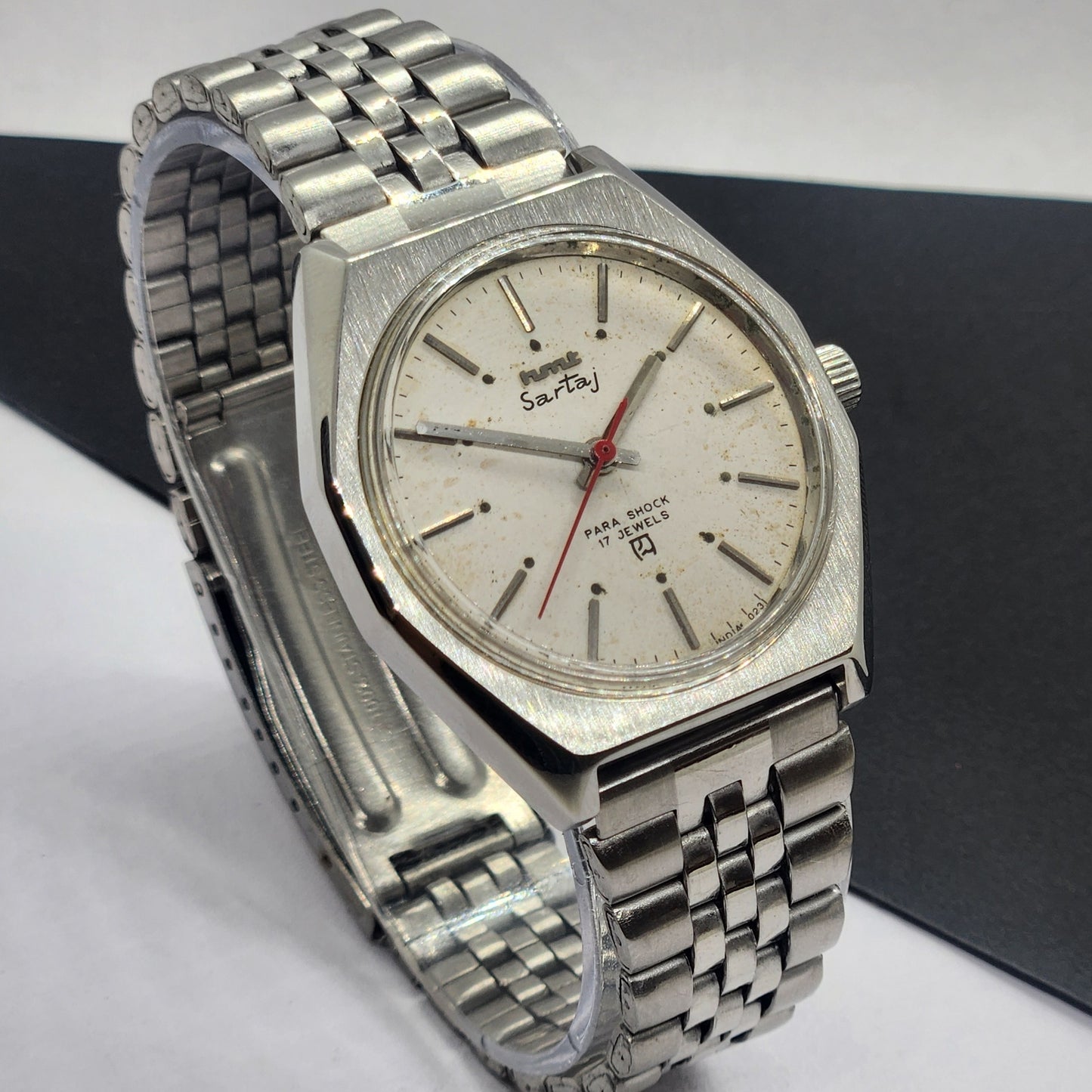 Vintage Original HMT Sartaj Hand Winding 17 Jewels White Face Silver Bracelet Men's Wrist Watch F31
