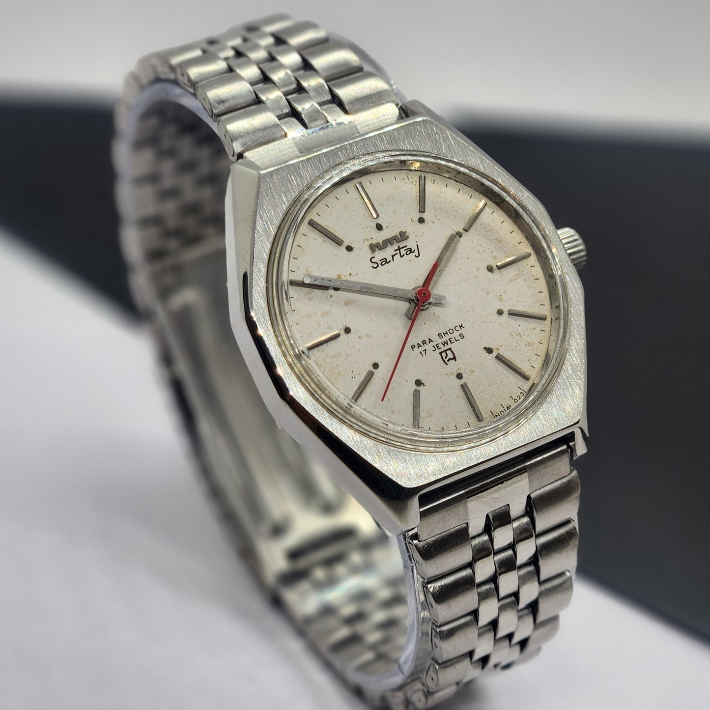 Vintage Original HMT Sartaj Hand Winding 17 Jewels White Face Silver Bracelet Men's Wrist Watch F31