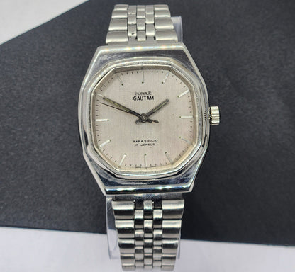 Vintage Original HMT Gautam Hand Winding 17 Jewels Silver Face Silver Bracelet Men's Wrist Watch F32