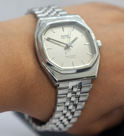 Vintage Original HMT Gautam Hand Winding 17 Jewels Silver Face Silver Bracelet Men's Wrist Watch F32