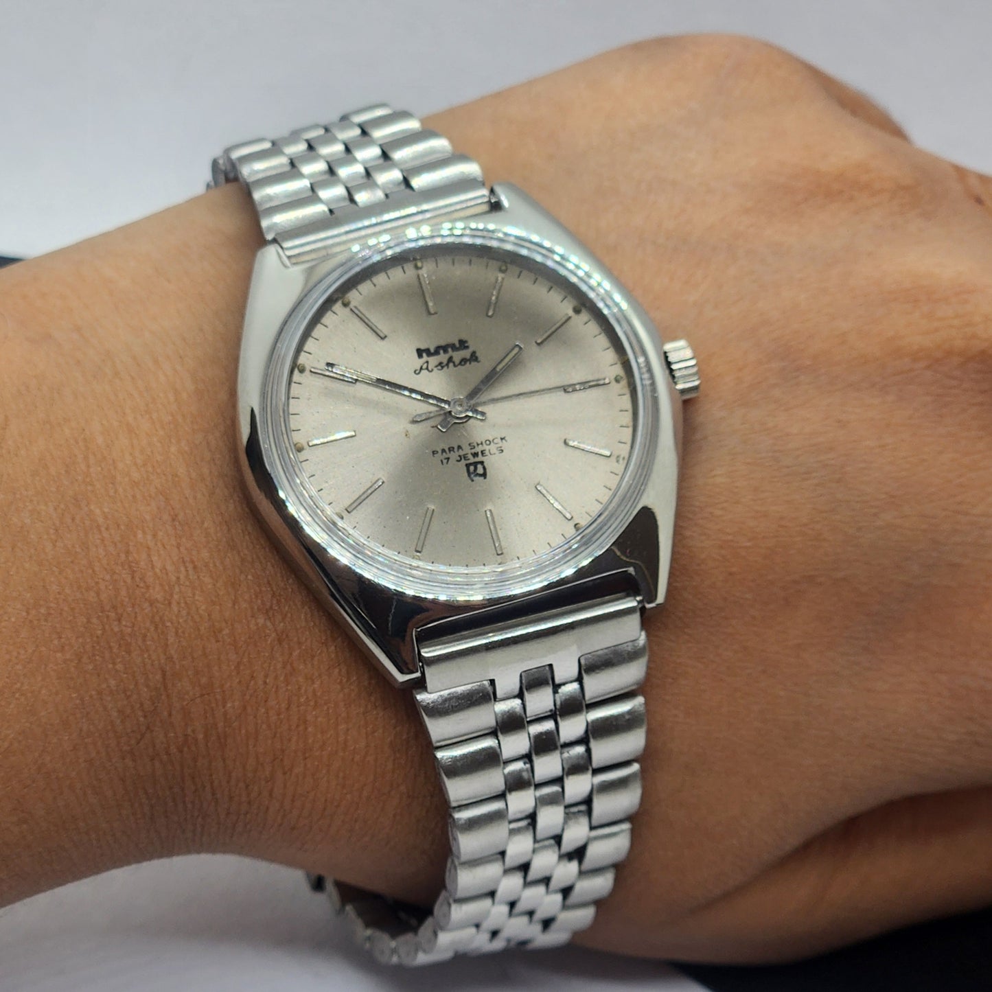 Vintage Original HMT Ashok Hand Winding 17 Jewels Silver Face Silver Bracelet Men's Wrist Watch F33