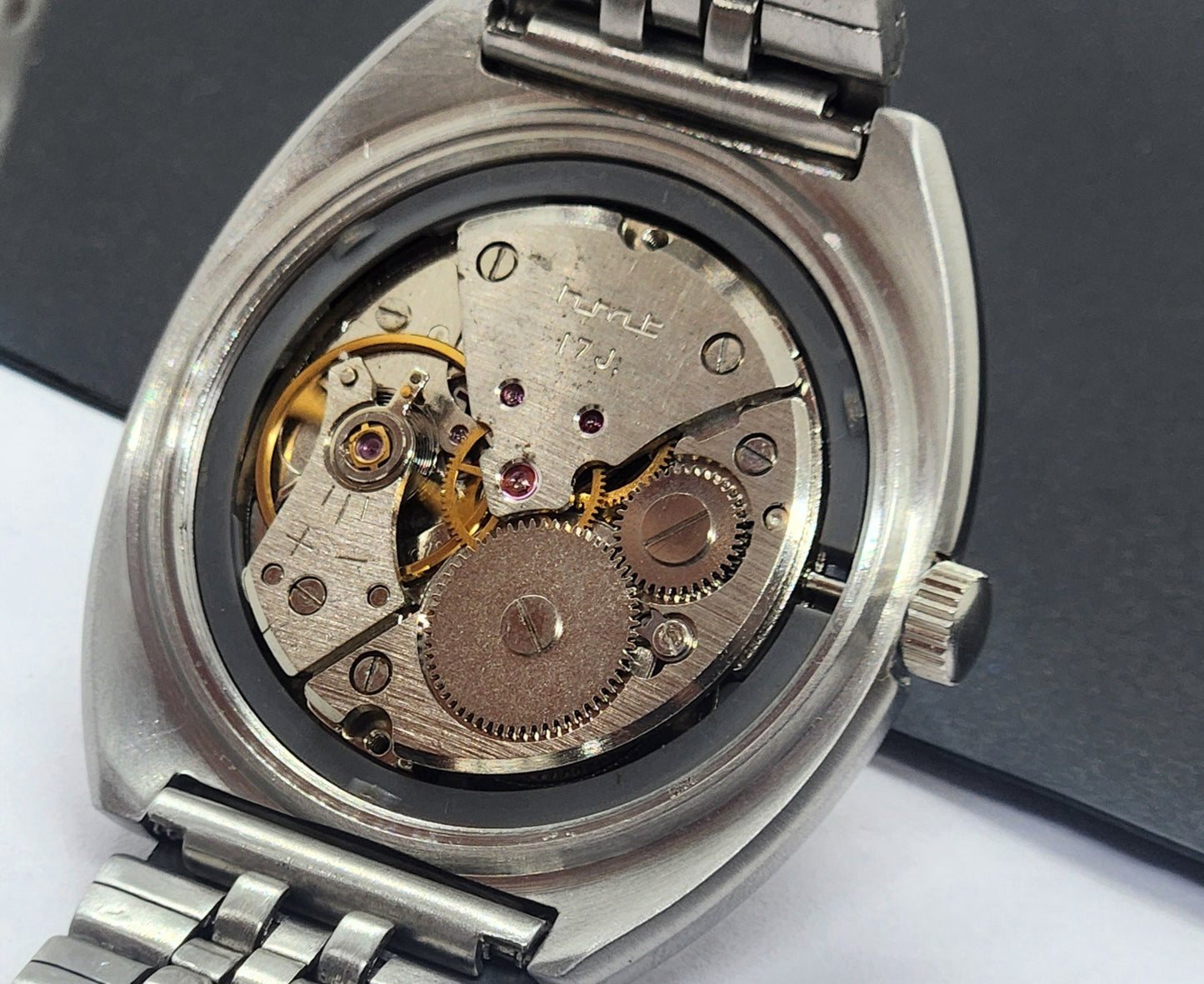 Vintage Original HMT Chethan Hand Winding 17 Jewels Golden Face Silver Bracelet Men's Wrist Watch F35