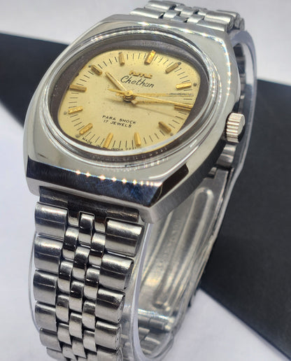 Vintage Original HMT Chethan Hand Winding 17 Jewels Golden Face Silver Bracelet Men's Wrist Watch F36
