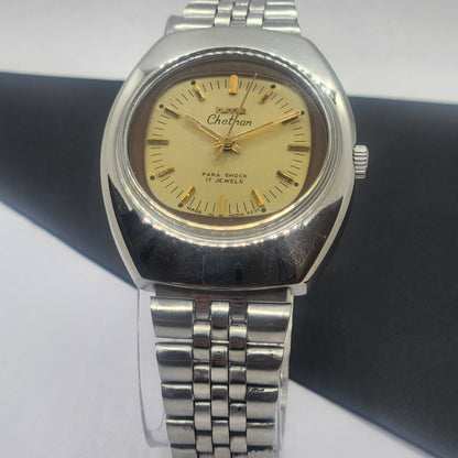 Vintage Original HMT Chethan Hand Winding 17 Jewels Golden Face Silver Bracelet Men's Wrist Watch F37