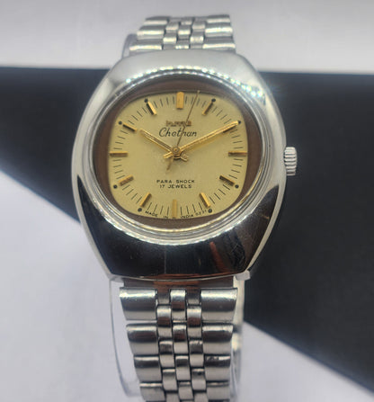 Vintage Original HMT Chethan Hand Winding 17 Jewels Golden Face Silver Bracelet Men's Wrist Watch F37