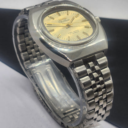 Vintage Original HMT Chethan Hand Winding 17 Jewels Golden Face Silver Bracelet Men's Wrist Watch F38