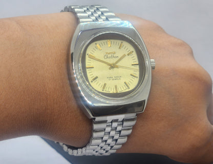 Vintage Original HMT Chethan Hand Winding 17 Jewels Golden Face Silver Bracelet Men's Wrist Watch F38