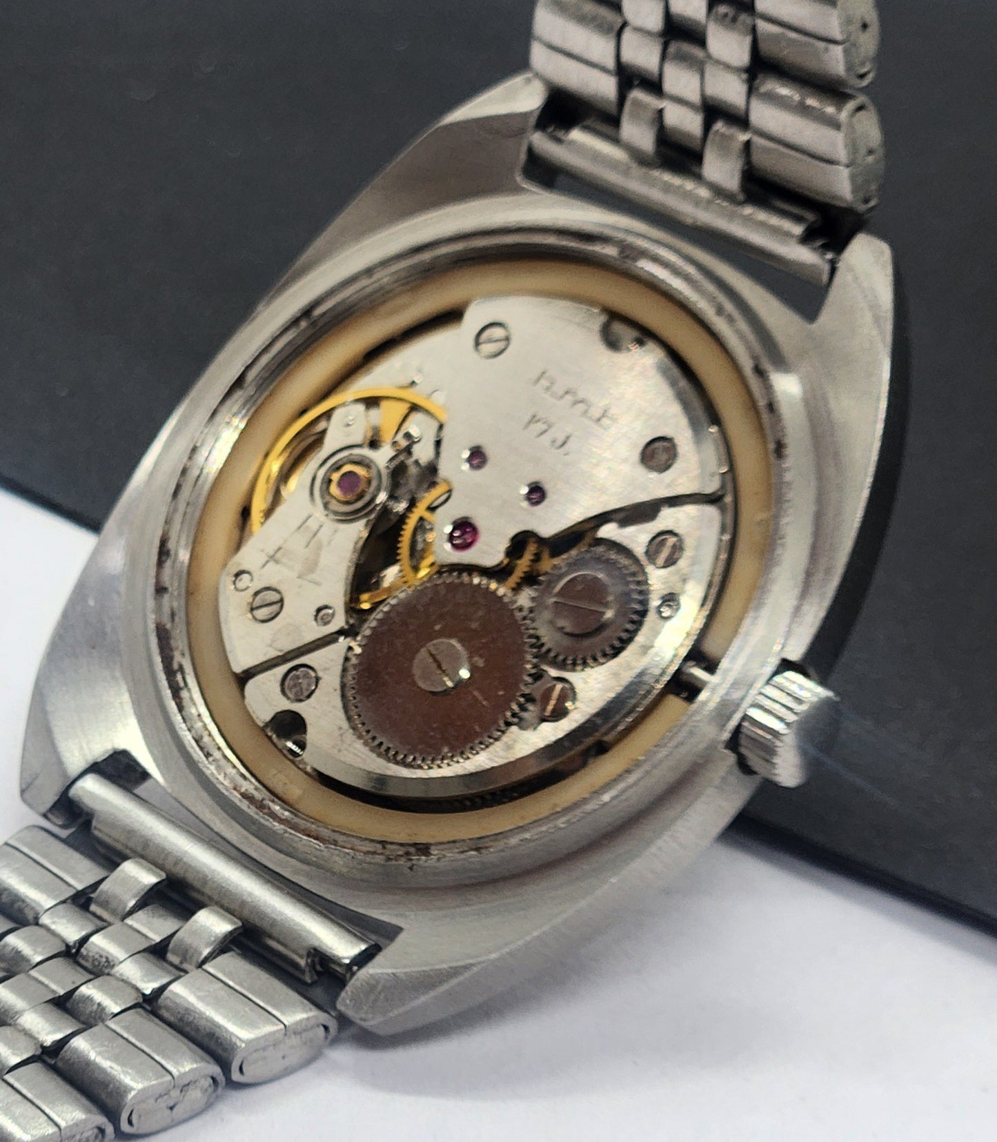Vintage Original HMT Vijay Hand Winding 17 Jewels Black Face Silver Bracelet Men's Wrist Watch F39