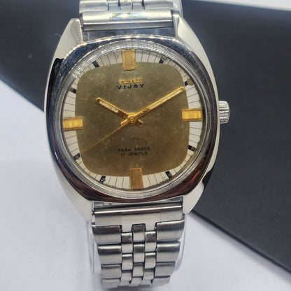 Vintage Original HMT Vijay Hand Winding 17 Jewels Golden Face Silver Bracelet Men's Wrist Watch F41