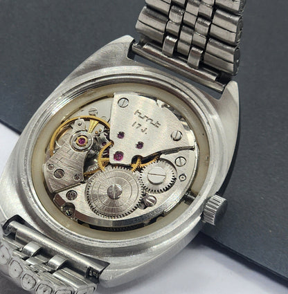 Vintage Original HMT Vijay Hand Winding 17 Jewels Black Face Silver Bracelet Men's Wrist Watch F42