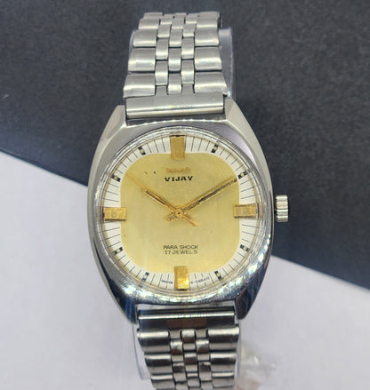 Vintage Original HMT Vijay Hand Winding 17 Jewels Golden Face Silver Bracelet Men's Wrist Watch F43
