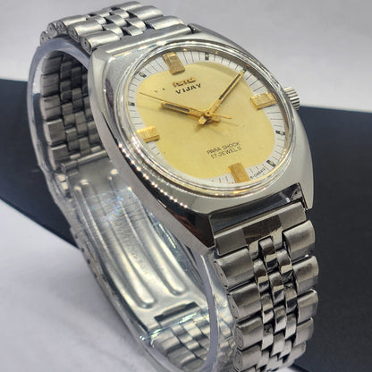 Vintage Original HMT Vijay Hand Winding 17 Jewels Golden Face Silver Bracelet Men's Wrist Watch F43