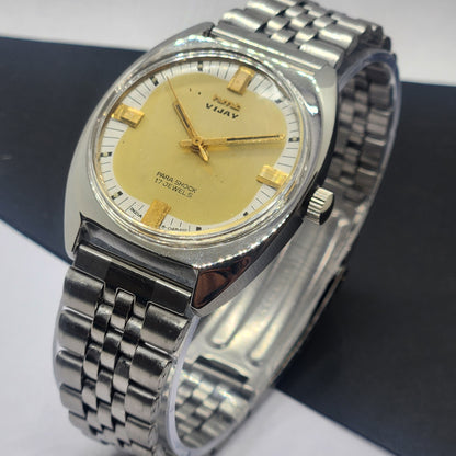 Vintage Original HMT Vijay Hand Winding 17 Jewels Golden Face Silver Bracelet Men's Wrist Watch F43
