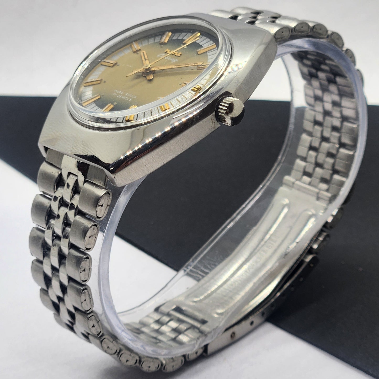 Vintage Original HMT Chirag Hand Winding 17 Jewels Golden Face Silver Bracelet Men's Wrist Watch F45