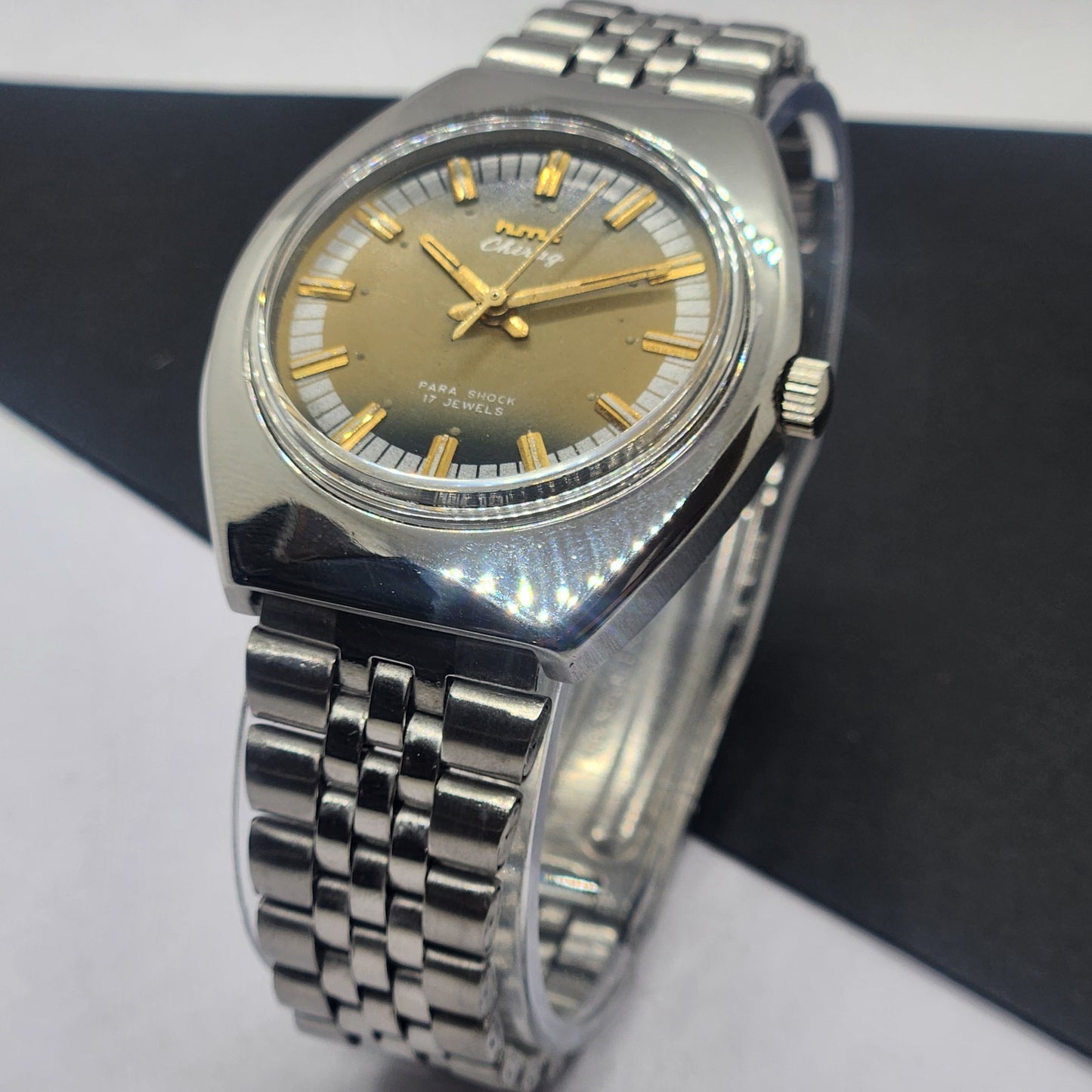 Vintage Original HMT Chirag Hand Winding 17 Jewels Golden Face Silver Bracelet Men's Wrist Watch F45