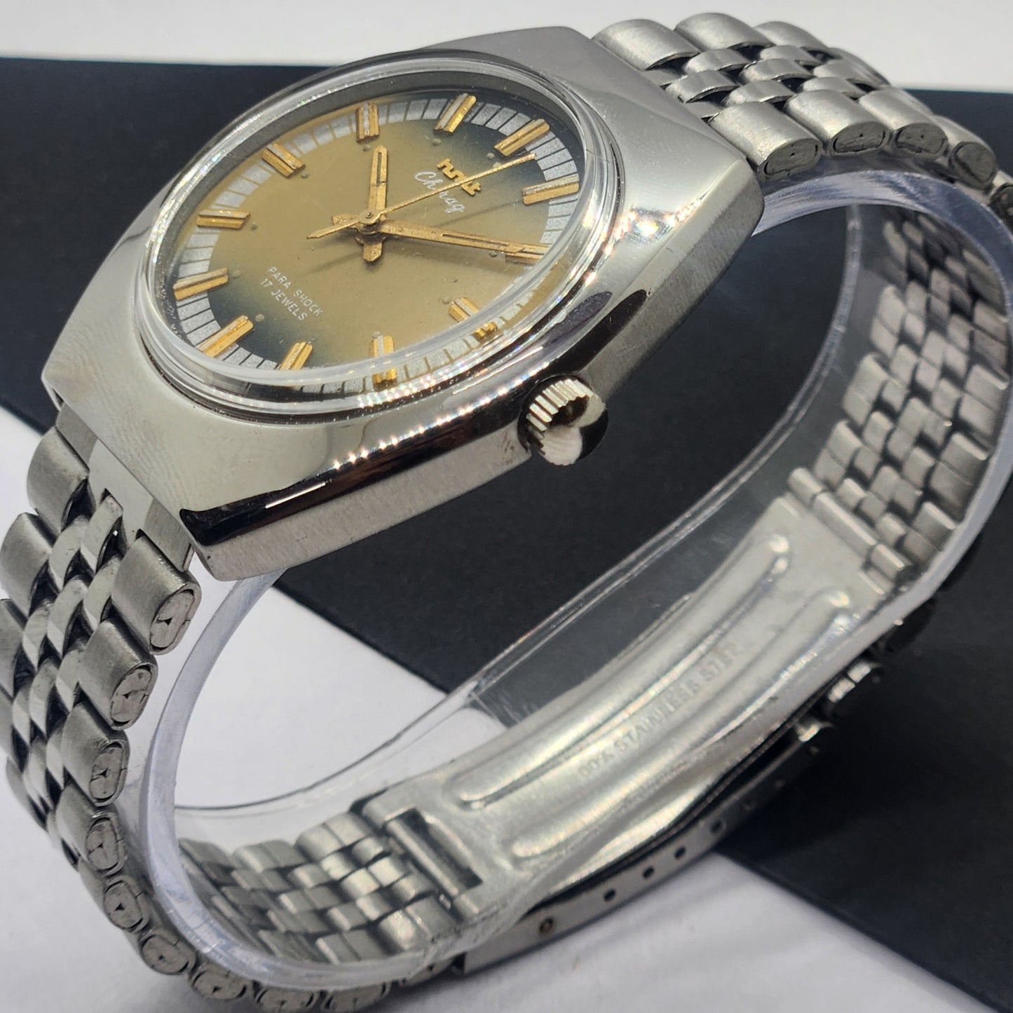 Vintage Original HMT Chirag Hand Winding 17 Jewels Golden Face Silver Bracelet Men's Wrist Watch F45