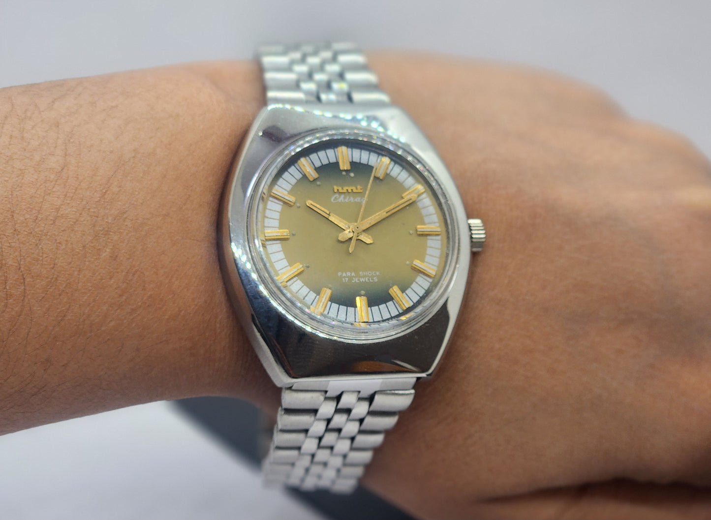 Vintage Original HMT Chirag Hand Winding 17 Jewels Golden Face Silver Bracelet Men's Wrist Watch F45