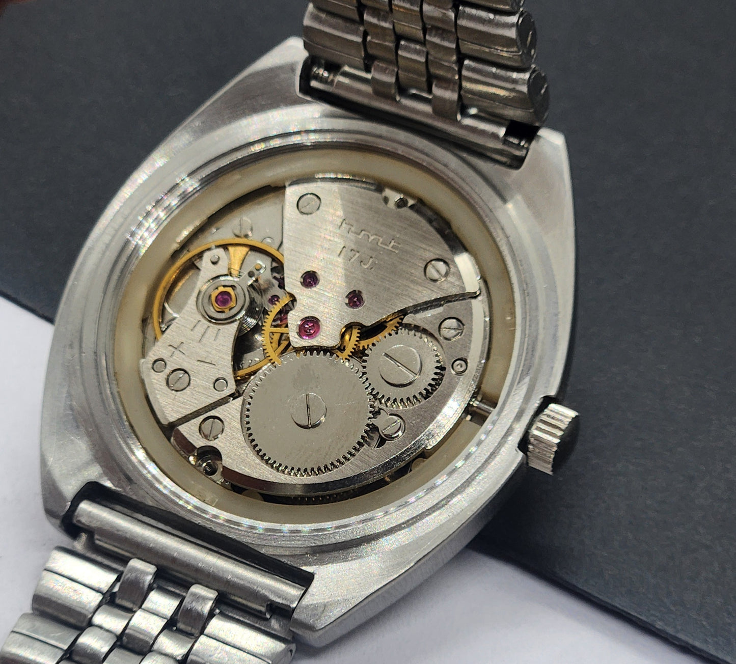 Vintage Original HMT Chirag Hand Winding 17 Jewels Golden Face Silver Bracelet Men's Wrist Watch F45