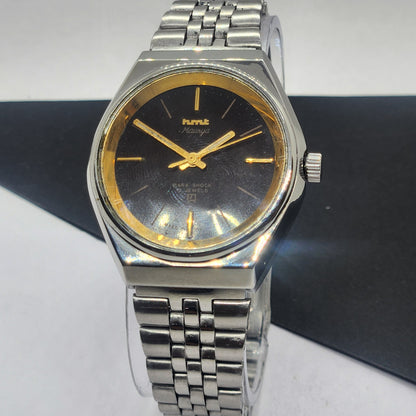 Vintage Original HMT Murya Hand Winding 17 Jewels Black Face Silver Bracelet Men's Wrist Watch F46