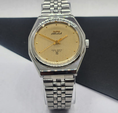 Vintage Original HMT Abhishek Hand Winding 17 Jewels Golden Face Silver Bracelet Men's Wrist Watch F48