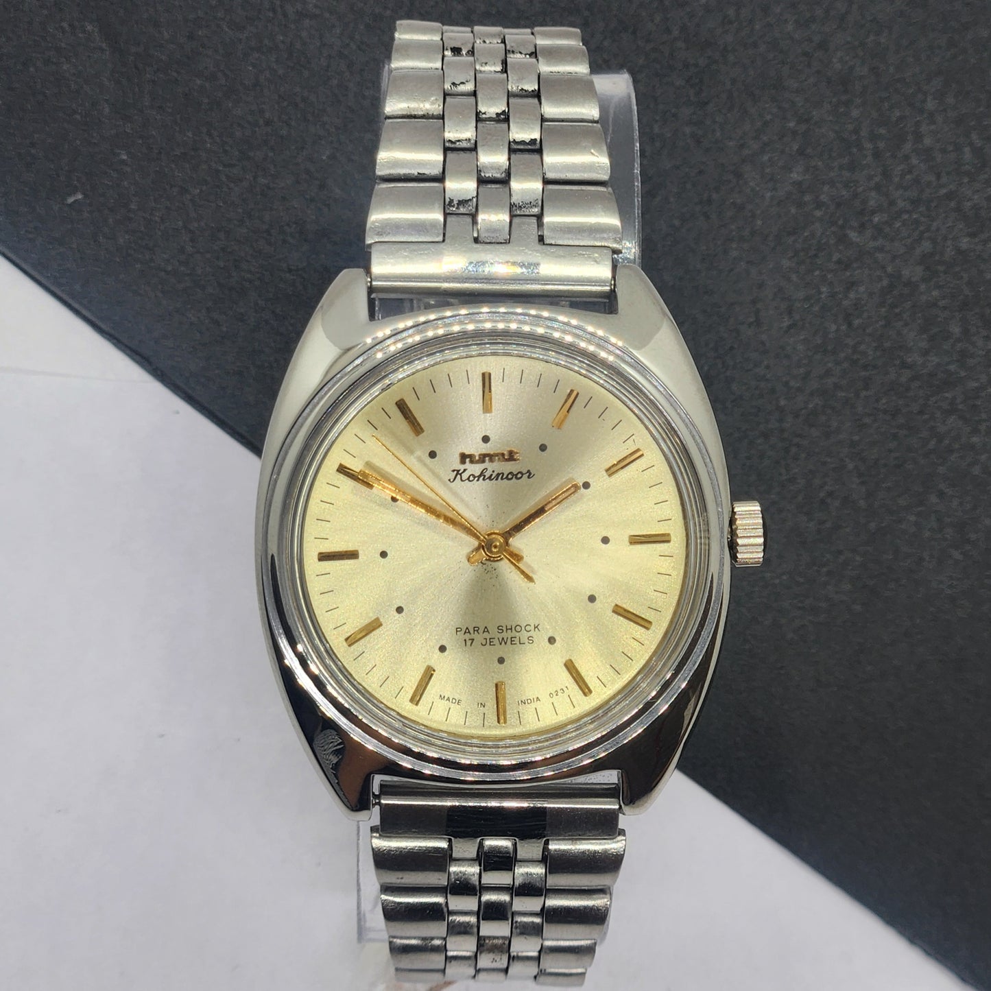 Vintage Original HMT Kohinoor Hand Winding 17 Jewels Golden Face Silver Bracelet Men's Wrist Watch F49