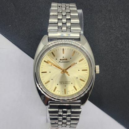Vintage Original HMT Kohinoor Hand Winding 17 Jewels Golden Face Silver Bracelet Men's Wrist Watch F49