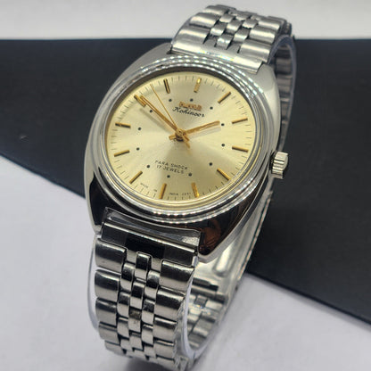 Vintage Original HMT Kohinoor Hand Winding 17 Jewels Golden Face Silver Bracelet Men's Wrist Watch F49