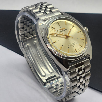 Vintage Original HMT Kohinoor Hand Winding 17 Jewels Golden Face Silver Bracelet Men's Wrist Watch F49