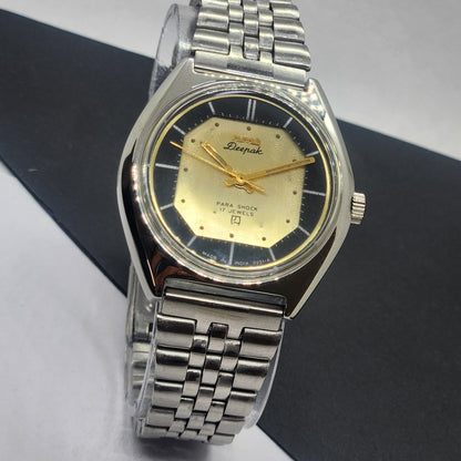 Vintage Original HMT Deepak Hand Winding 17 Jewels Golden Face Silver Bracelet Men's Wrist Watch F50