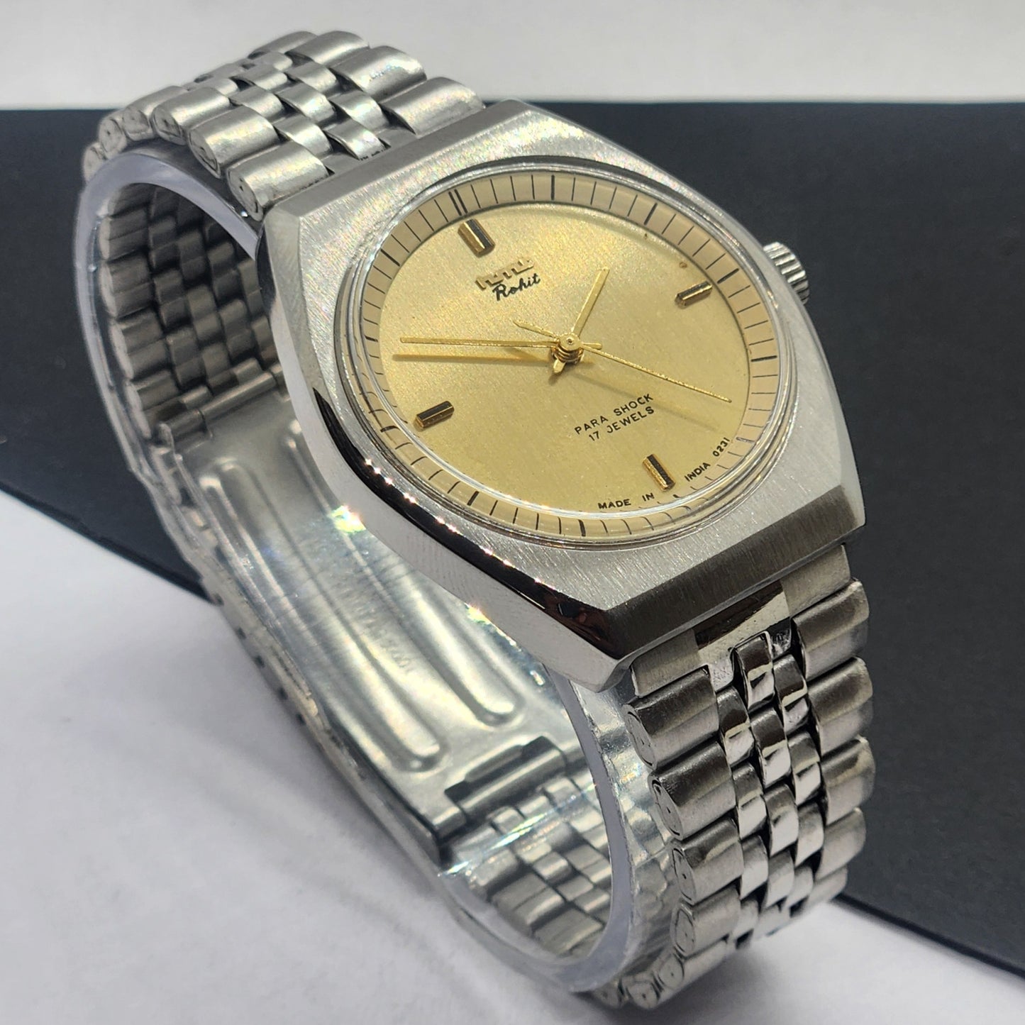 Vintage Original HMT Rohit Hand Winding 17 Jewels Golden Face Silver Bracelet Men's Wrist Watch F51