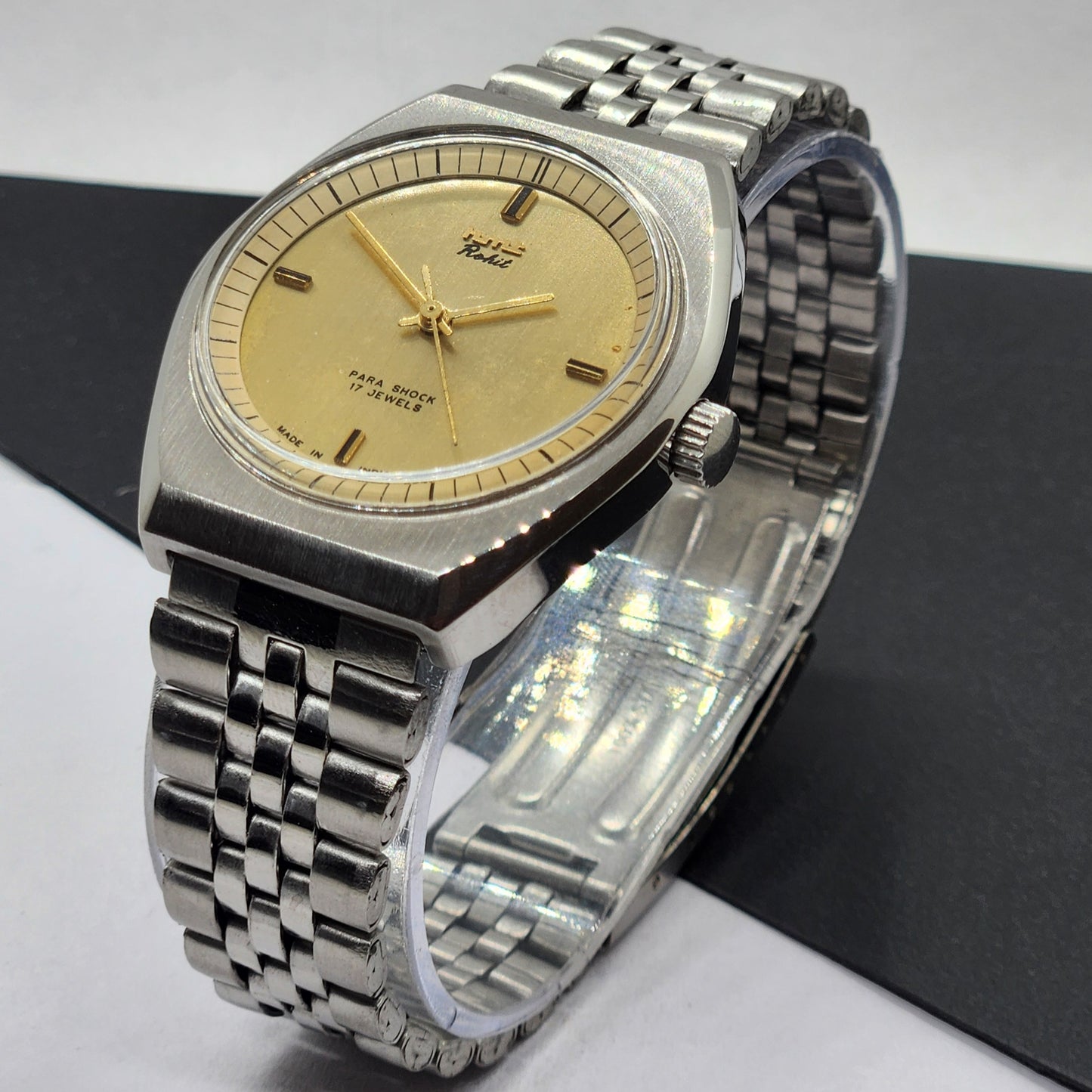 Vintage Original HMT Rohit Hand Winding 17 Jewels Golden Face Silver Bracelet Men's Wrist Watch F51