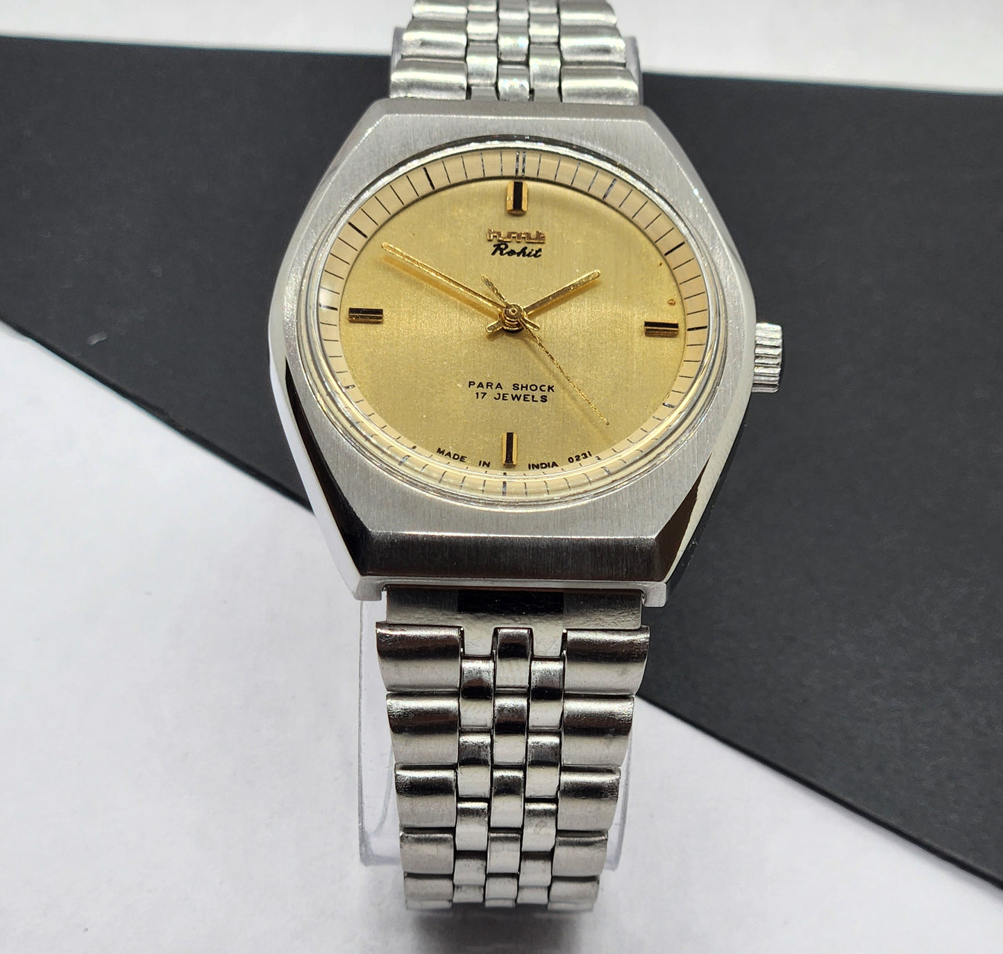 Vintage Original HMT Rohit Hand Winding 17 Jewels Golden Face Silver Bracelet Men's Wrist Watch F51