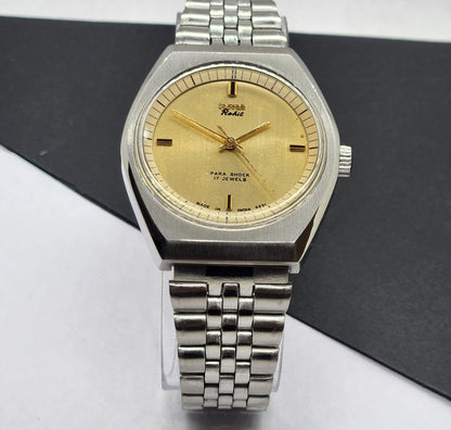 Vintage Original HMT Rohit Hand Winding 17 Jewels Golden Face Silver Bracelet Men's Wrist Watch F51