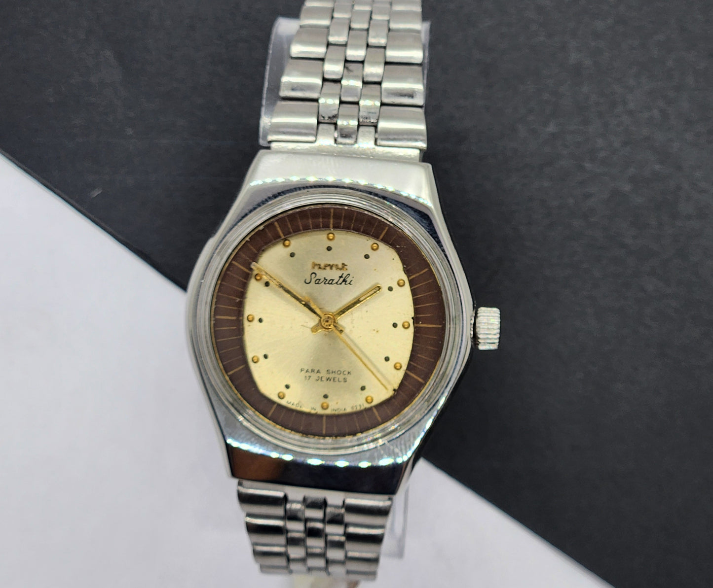 Vintage Original HMT Sarathi Hand Winding 17 Jewels Golden Face Silver Bracelet Men's Wrist Watch F52
