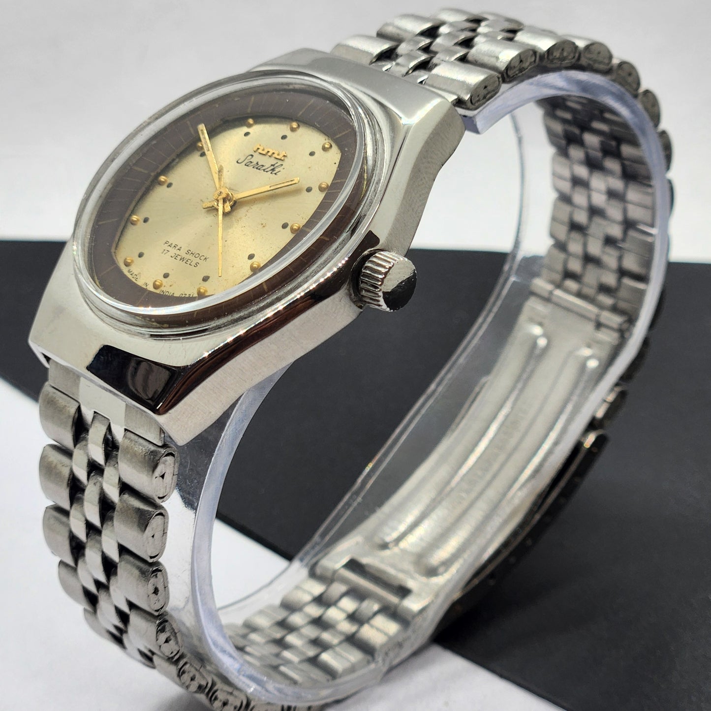 Vintage Original HMT Sarathi Hand Winding 17 Jewels Golden Face Silver Bracelet Men's Wrist Watch F52