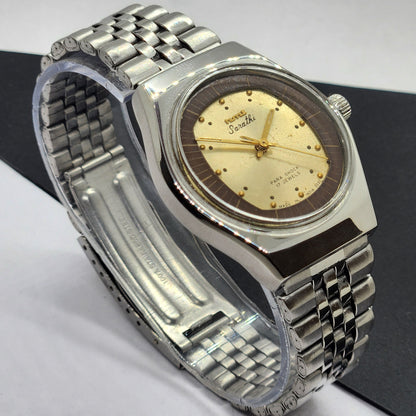 Vintage Original HMT Sarathi Hand Winding 17 Jewels Golden Face Silver Bracelet Men's Wrist Watch F52