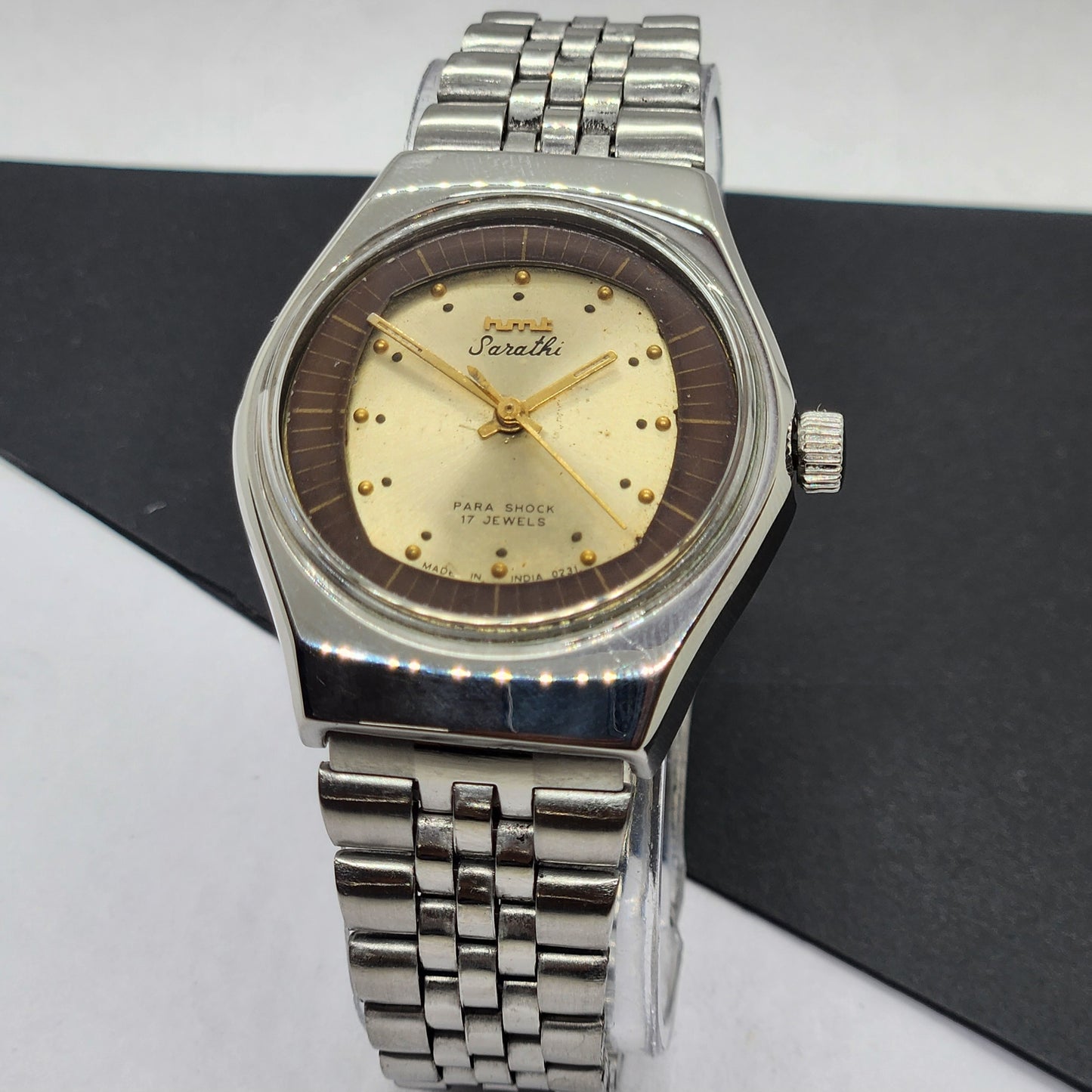 Vintage Original HMT Sarathi Hand Winding 17 Jewels Golden Face Silver Bracelet Men's Wrist Watch F52
