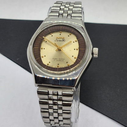 Vintage Original HMT Sarathi Hand Winding 17 Jewels Golden Face Silver Bracelet Men's Wrist Watch F52