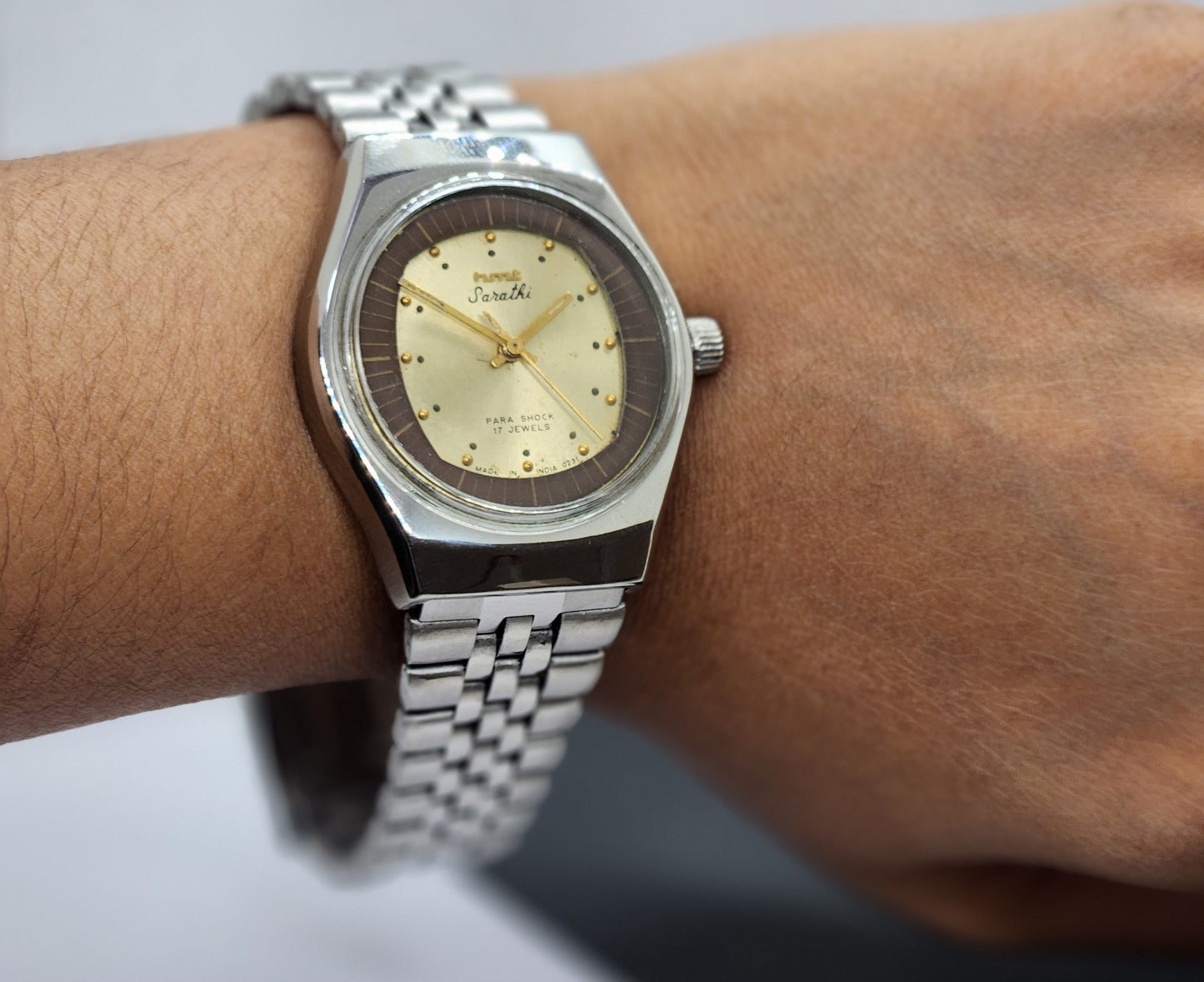 Vintage Original HMT Sarathi Hand Winding 17 Jewels Golden Face Silver Bracelet Men's Wrist Watch F52