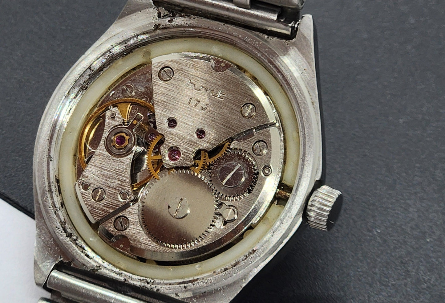 Vintage Original HMT Sarathi Hand Winding 17 Jewels Golden Face Silver Bracelet Men's Wrist Watch F52