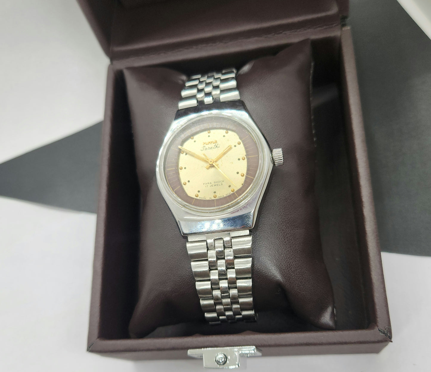 Vintage Original HMT Sarathi Hand Winding 17 Jewels Golden Face Silver Bracelet Men's Wrist Watch F52