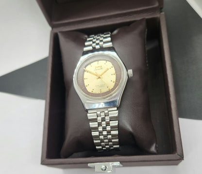 Vintage Original HMT Sarathi Hand Winding 17 Jewels Golden Face Silver Bracelet Men's Wrist Watch F52