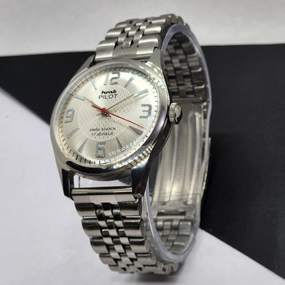 Vintage HMT Pilot Hand Winding 17 Jewels Silver Face Jubilee Bracelet Men's Wrist Watch F54