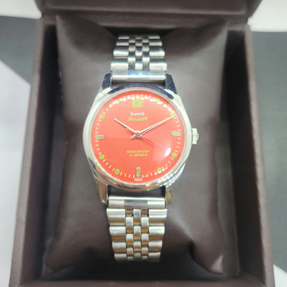 Vintage HMT Pilot Hand Winding 17 Jewels Orange Face Jubilee Bracelet Men's Wrist Watch F55