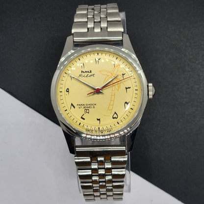 Vintage HMT Pilot Hand Winding 17 Jewels Yellow Face Jubilee Bracelet Men's Wrist Watch F56