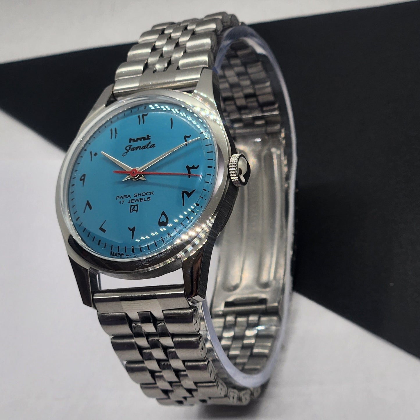 Vintage HMT Janata Hand Winding 17 Jewels Blue Face Jubilee Bracelet Men's Wrist Watch F57